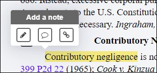 Graphic shows the pop-up Add a Note menu that appears when text is highlighted in BarBooks.