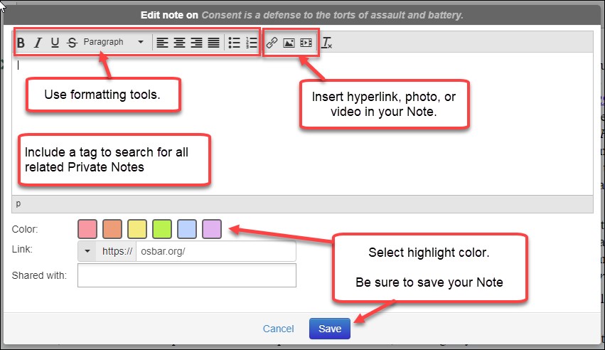 Graphic shows formatting tools and other features of the dialog box to create and edit a note in BarBooks